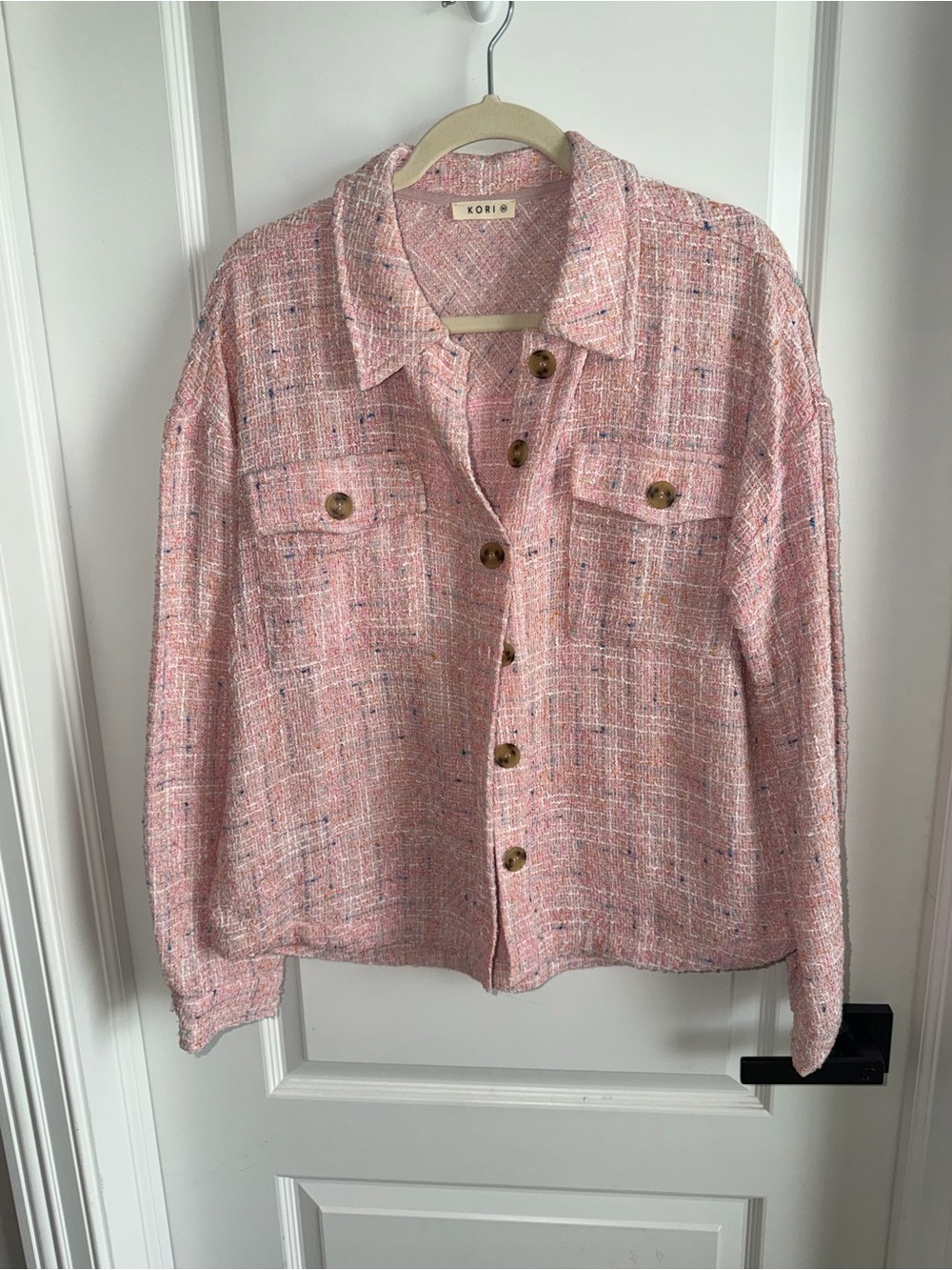 KORI Women’s Medium Pink Tweed Button Down Shacket Multicolor Textured Shirt